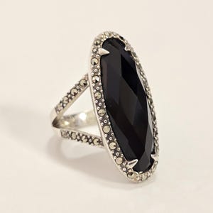 Vintage Sterling Silver Faceted Black Onyx And Marcasites Long Ring size 6.75