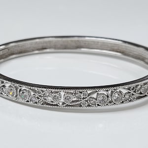 Vintage Sterling Silver CZ Ornate Hinged Bangle Bracelet SIZE 7 in