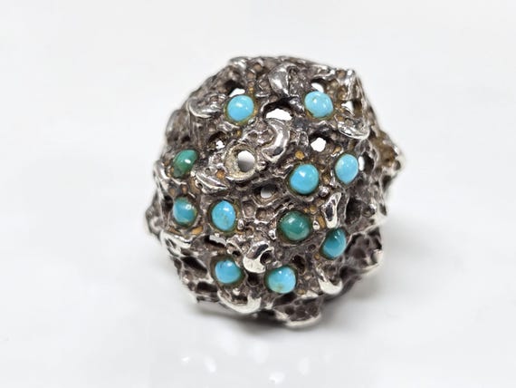 Vintage Sterling Silver Sand Cast Turquoise Ring Size