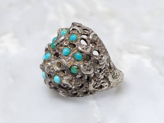 Vintage Sterling Silver Sand Cast Turquoise Ring … - image 1