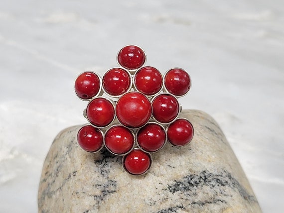 Sterling Silver Red Beads Statement Ring size 6.25 - image 1