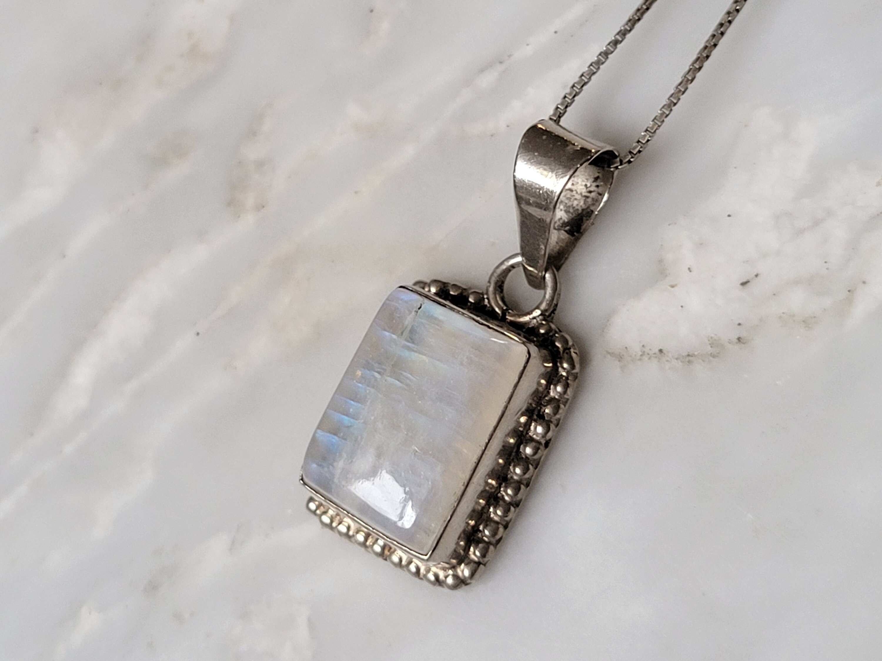 Sterling Silver Moonstone Pendant on Box Chain Necklace Size
