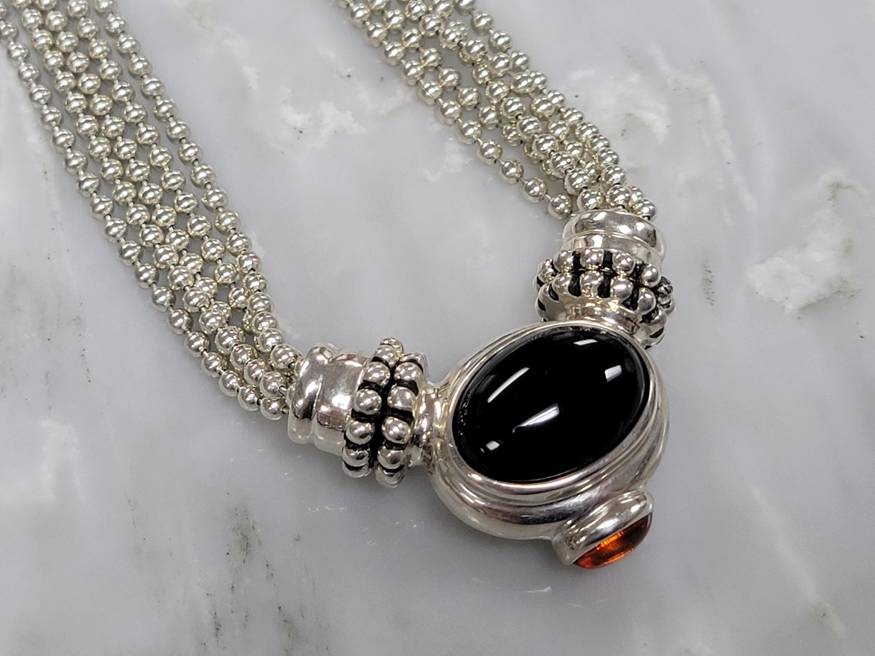 Sterling Silver ESPO Esposito Snap Onyx and Amber Necklace  Sterling Silver Beaded 5 Strand Black Onyx & Amber Joseph Esposito ESPO Necklace display picture 1
