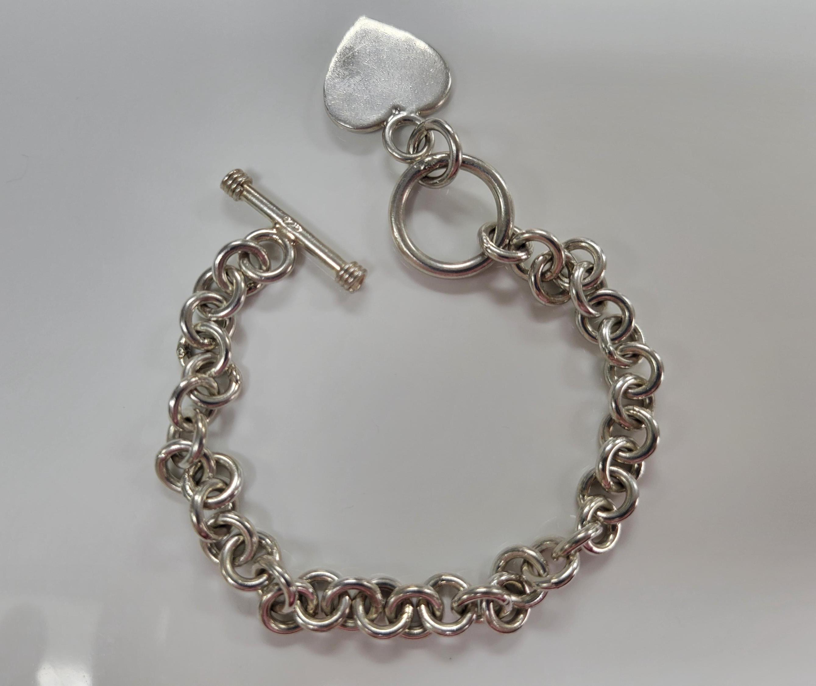 Vintage Sterling Silver Cable Chain Heart Charm Toggle Clasp