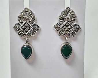 Vintage Marsala Sterling Silver Art Deco Chalcedony Marcasite Drop Dangle Earrings