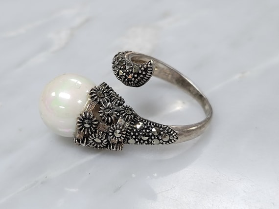 Vintage Sterling Silver Faux Pearl And Marcasites… - image 2