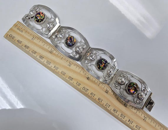 Vintage Taxco Sterling Silver Dichroic Glass Filigree Panel Heavy Bracelet size 6.75 in View 6