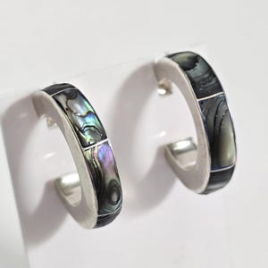 Vintage Sterling Silver Abalone Half Hoop Earrings
