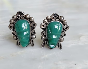 Vintage Sterling Silver Carved Green Onyx Mayan Aztec Screw Back Earrings