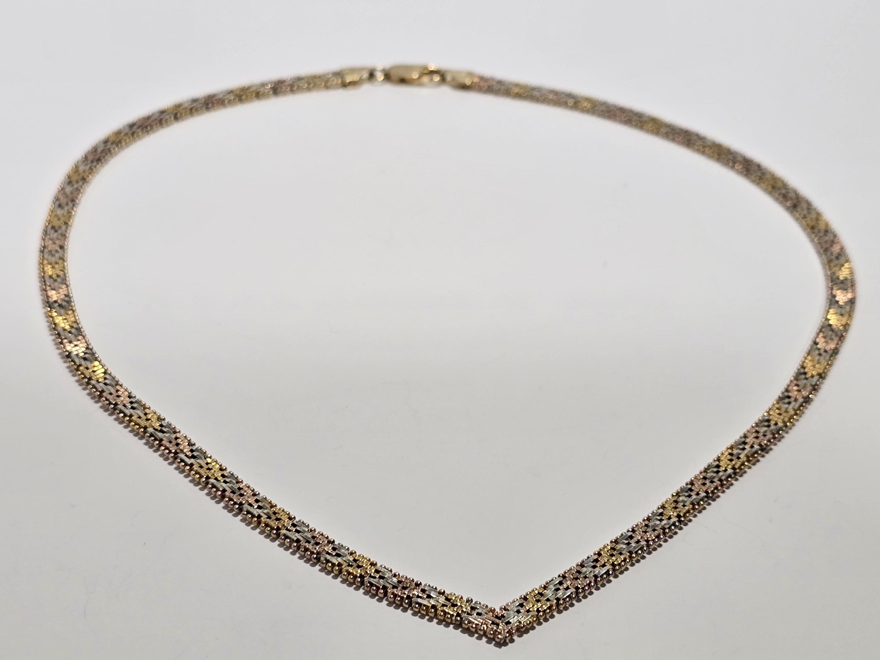Sterling Silver Gold Plated Three Tone Riccio Chain V Drop Necklace size 18 in