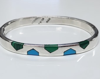 Taxco Sterling Silver Bangle Bracelet with Turquoise and Malachite 6.5 in