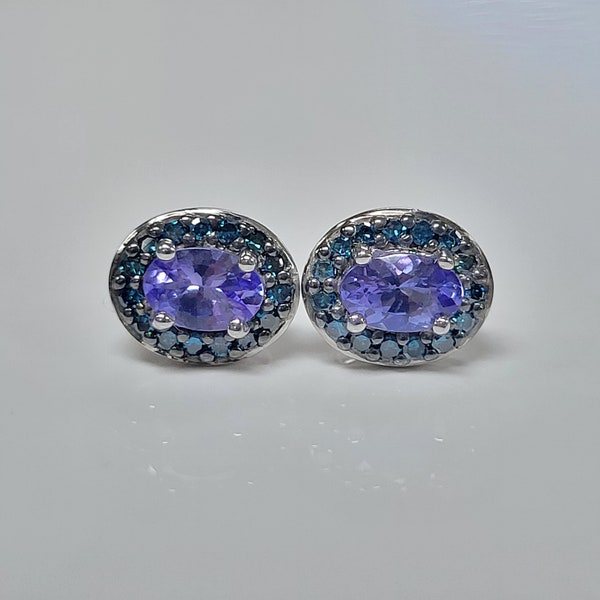 Sterling Silver Blue Diamonds And Purple Topaz Stud Earrings (V24)