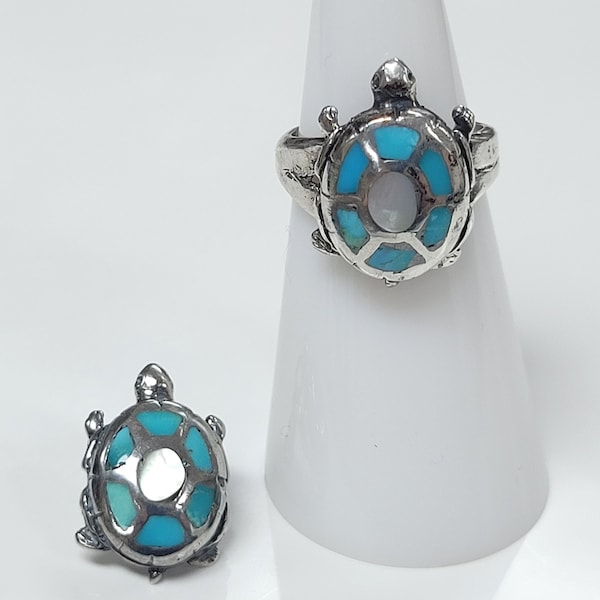 Zuni Sterling Silver Turtle Turquoise And Mother Of Pearl Pendant and Ring Set (V33)