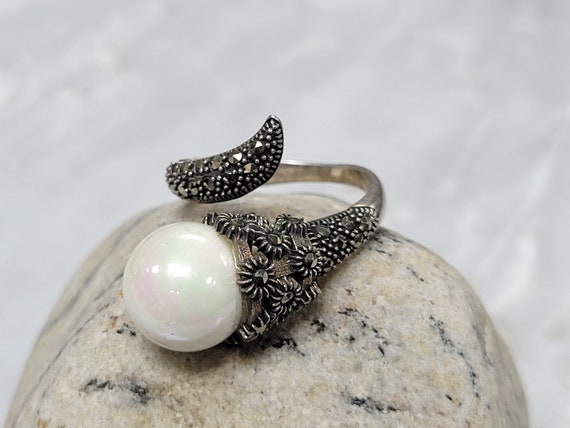 Vintage Sterling Silver Faux Pearl And Marcasites… - image 4
