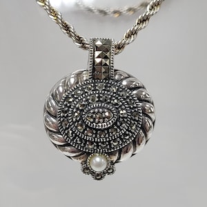 Judith Jack Sterling Silver Genuine Pearl And Marcasites Pendant On Rope Chain Necklace size 24 in