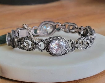 Vintage Sterling Silver Art Deco Bracelet with Clear CZ and Marcasites size 6.75 in (L)