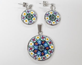 Pendientes y colgante de flor de cristal de Murano Venecia Millefiori de plata de ley (U44)