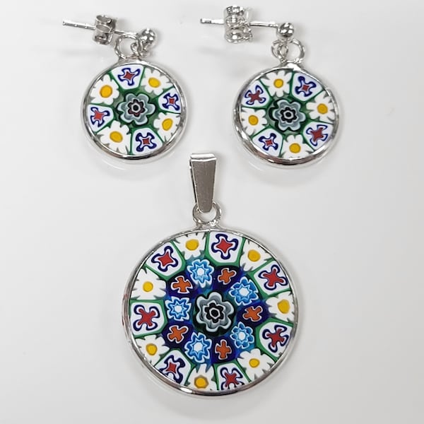 Sterling Silber Millefiori Murano Venedig Glas Blumen-Anhänger und Ohrringe (U44)