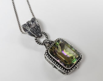 Sterling Silver Mystic Topaz Ornate Pendant on Box Chain Necklace size 24 in (T25)