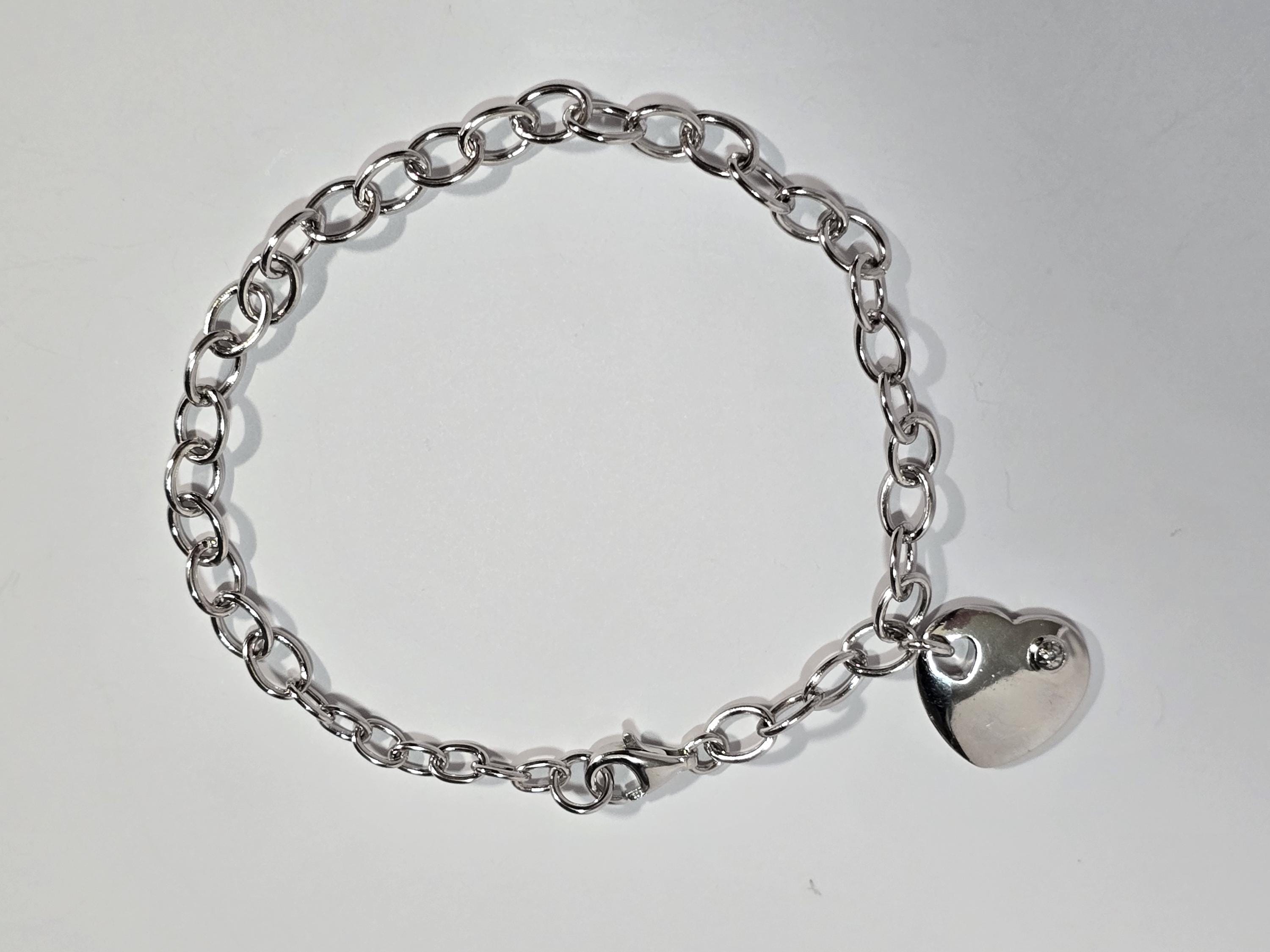 Vintage Sterling Silver Bracelet With Heart Small Diamond Charms