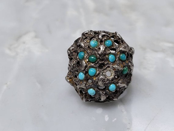 Vintage Sterling Silver Sand Cast Turquoise Ring … - image 2
