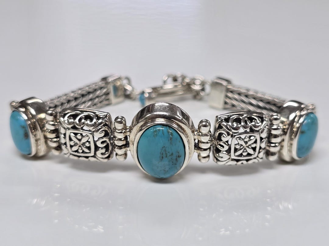 Vintage Sterling Silver Turquoise Ornate Foxtail Chain Bracelet
