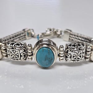 Vintage Sterling Silver Turquoise Ornate Foxtail Chain Bracelet