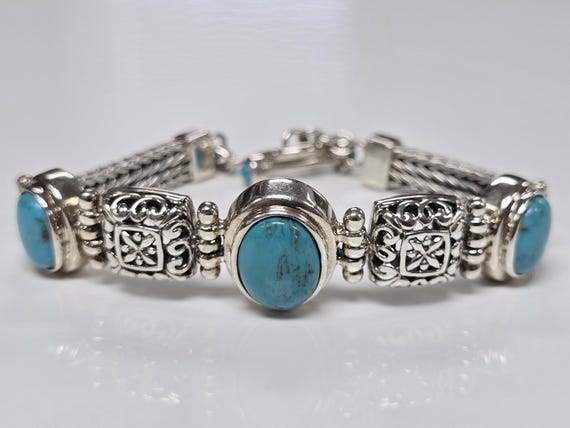 Vintage Sterling Silver Turquoise Ornate Foxtail Chain Bracelet