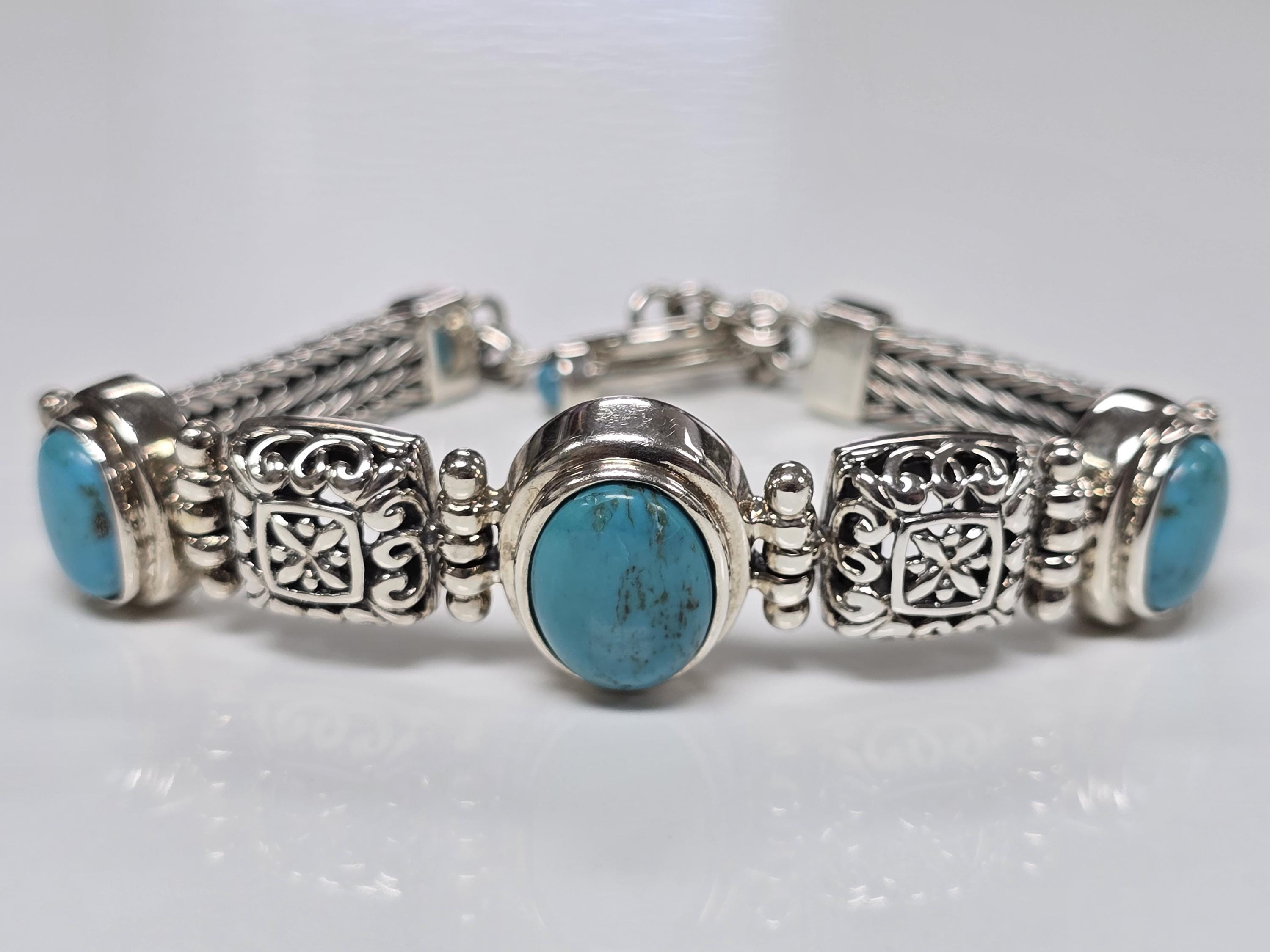 Vintage Sterling Silver Turquoise Ornate Foxtail Chain Bracelet