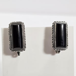 Vintage Sterling Silver Black Onyx Screw Back Earrings