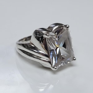 Sterling Silver Solitaire Emerald Cut Large Cubic Zirconia Statement Ring 9