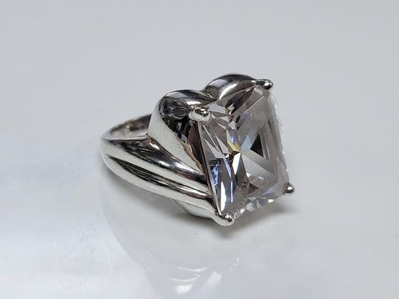 Sterling Silver Solitaire Emerald Cut Large Cubic… - image 1