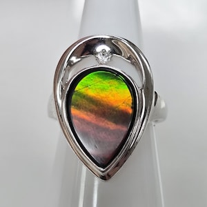 Vintage Sterling Silver Teardrop Ammolite & White Sapphire Ring, Size 6