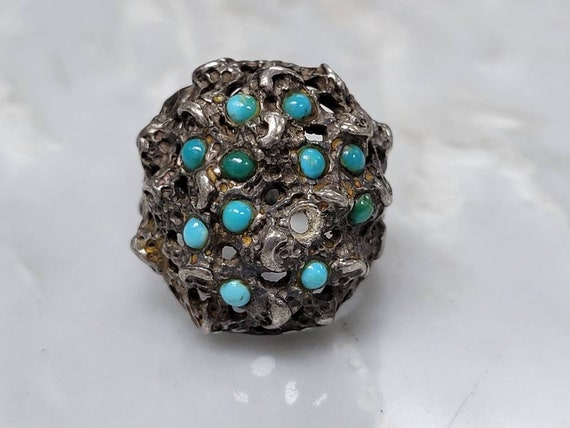 Vintage Sterling Silver Sand Cast Turquoise Ring … - image 10