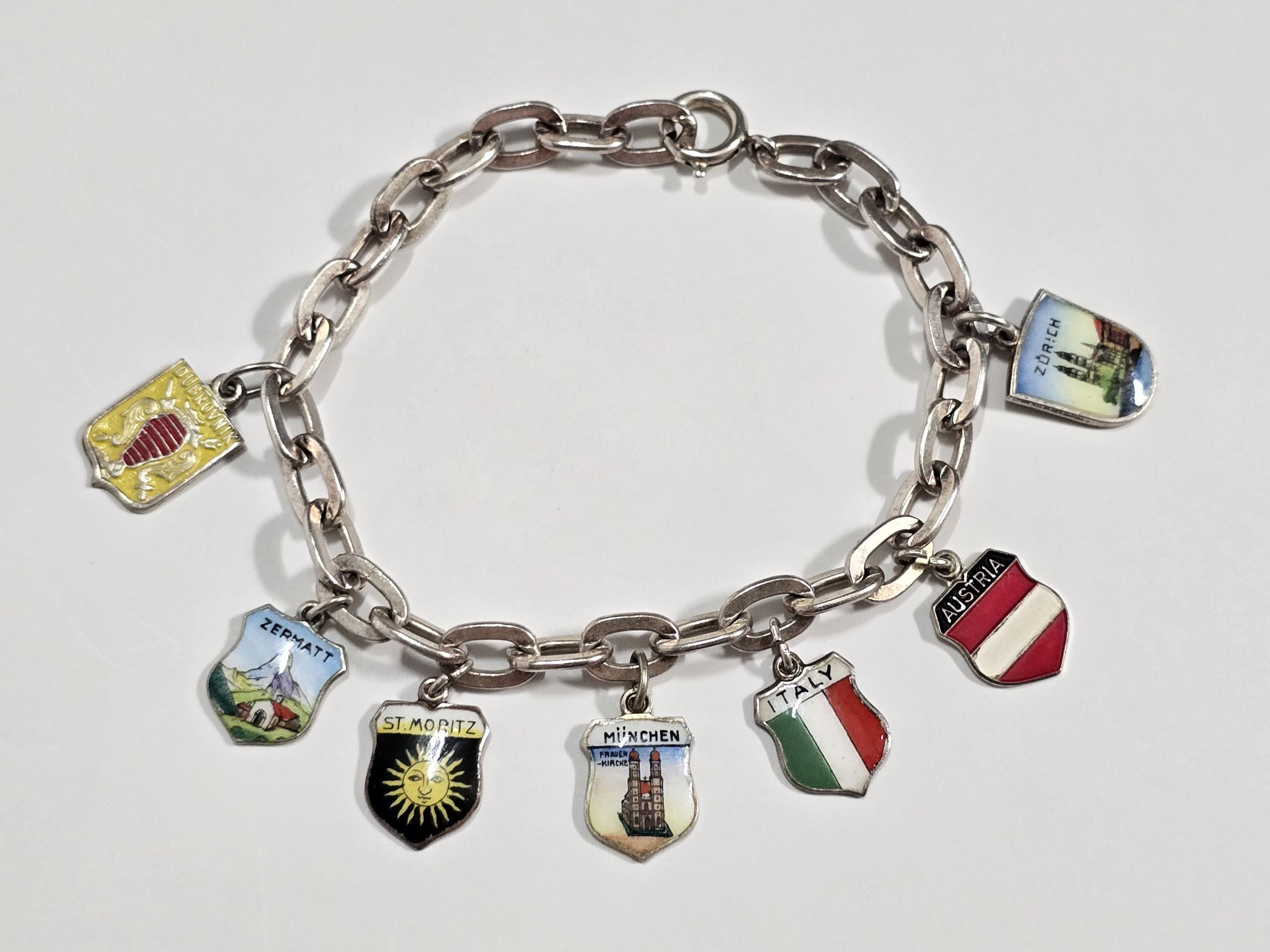 Vintage 800 Silver Bracelet With 7 Shield Charms Size 7.5