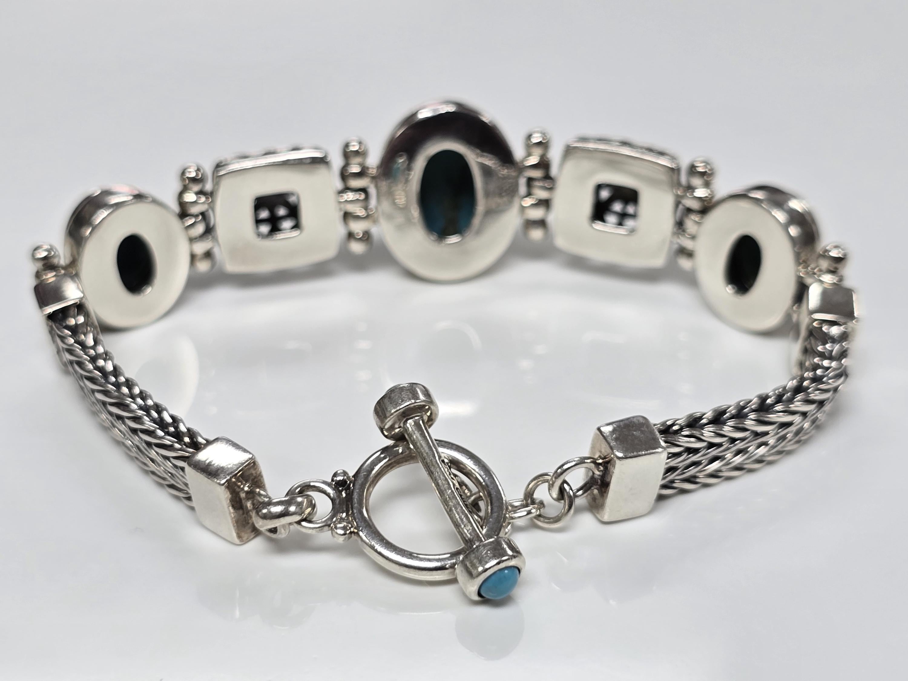 Vintage Sterling Silver Turquoise Ornate Foxtail Chain Bracelet