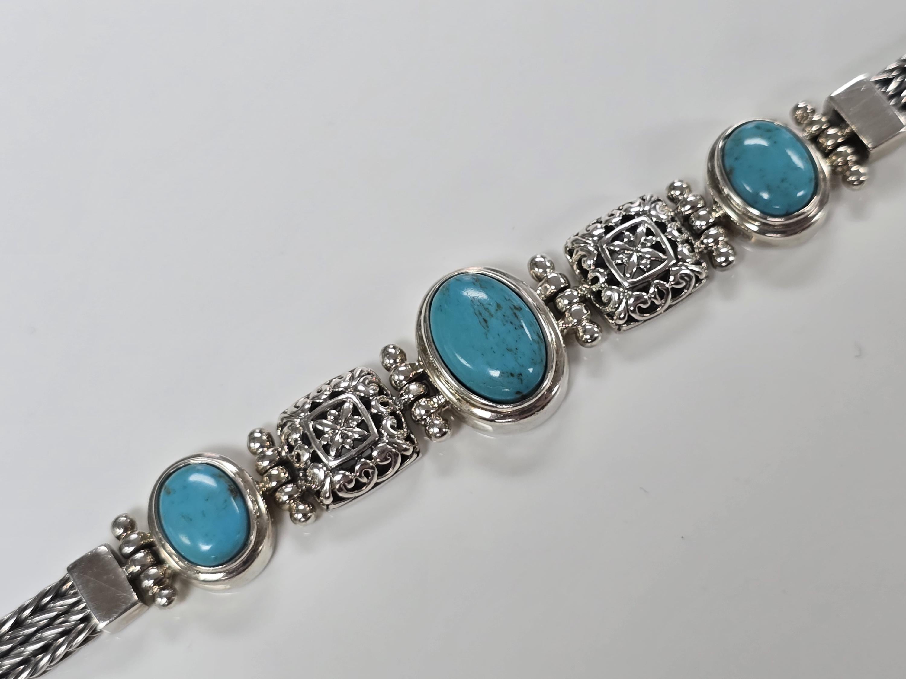 Vintage Sterling Silver Turquoise Ornate Foxtail Chain Bracelet