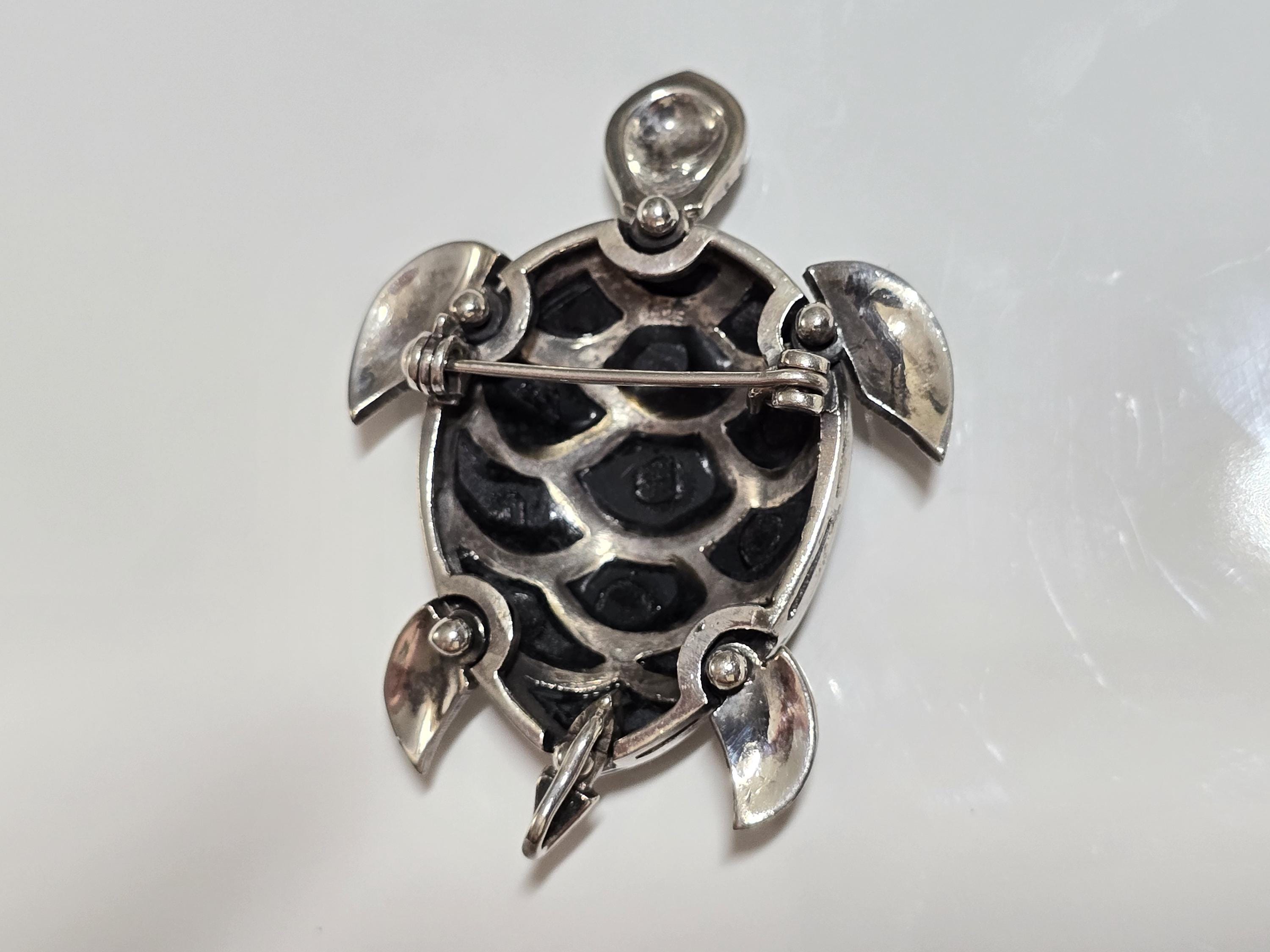 Vintage Sterling Silver Articulated Turtle Black Onyx and