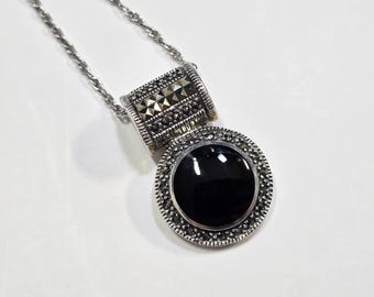 Sterling Silver Black Onyx Marcasites Art Deco Pendant With Rope Chain Necklace 20 in