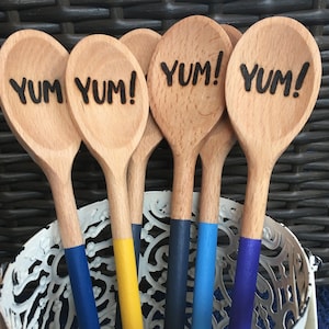 Engraved &#39;Yum&#39; Wooden Spoon: Hand-Painted Kitchen Utensil