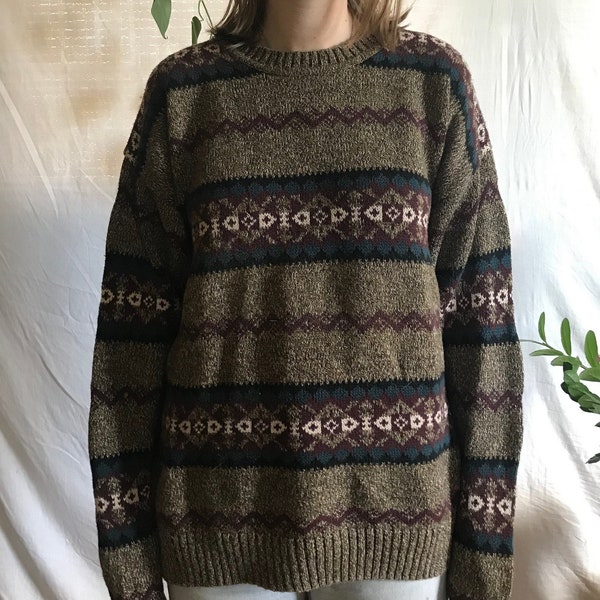 Vintage 80s Patterned Brown Green Cozy Jantzen Sweater