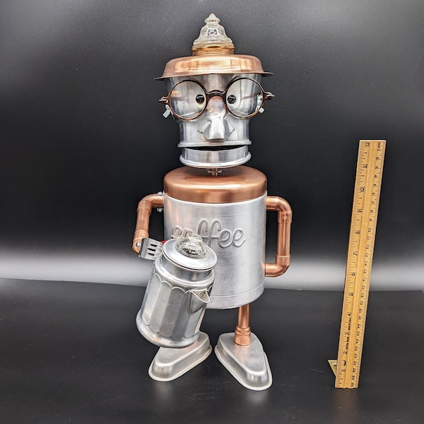 Robot with coffee pot - Found object robot art - Assemblage art - Upcycled Recycled Repurposed - Vintage kitchen