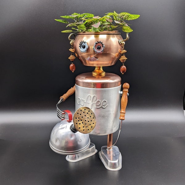 Found object robot with planter head - Assemblage art - Upcycled Recycled sculpture - Unique planter - fun gift