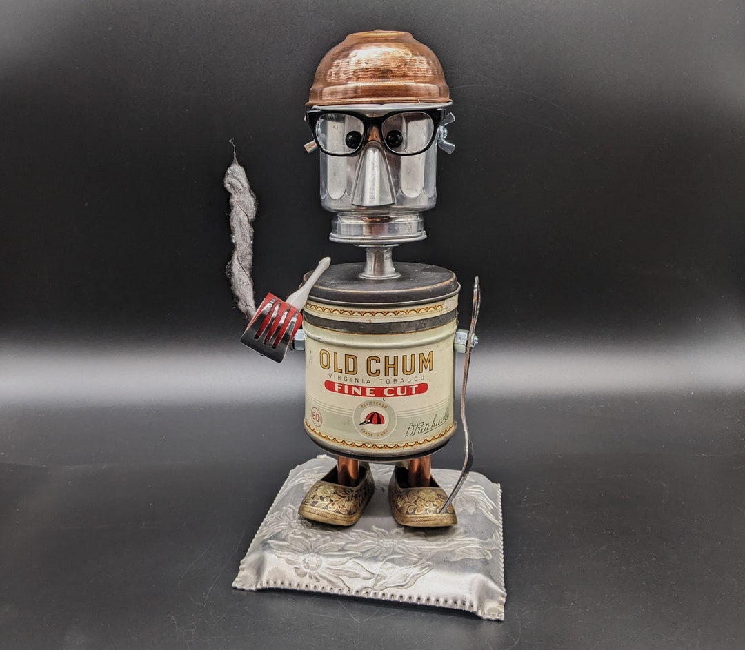 robot cigarette Upcycled Robot Sculpture: Vintage Tobacco Tin Found Object Art