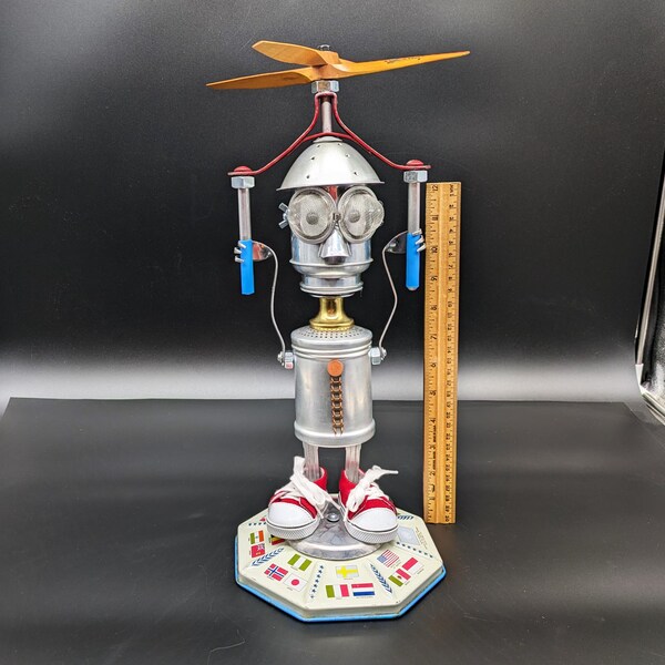 Early flight attempt robot - Assemblage art - Found object robot - Propeller head