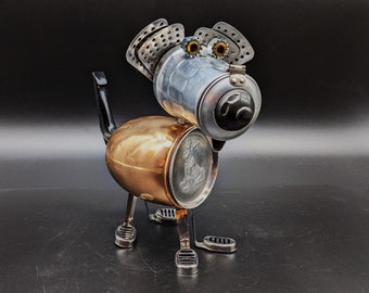 Copper mug dog sculpture - found object art - dog lover gift - Upcycled REcycled Vintage assemblage
