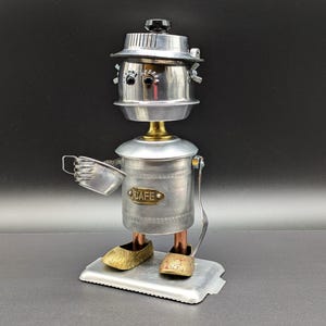 Coffee drinking robot - Found object art - Assemblage sculpture - Upcycled Recycled art