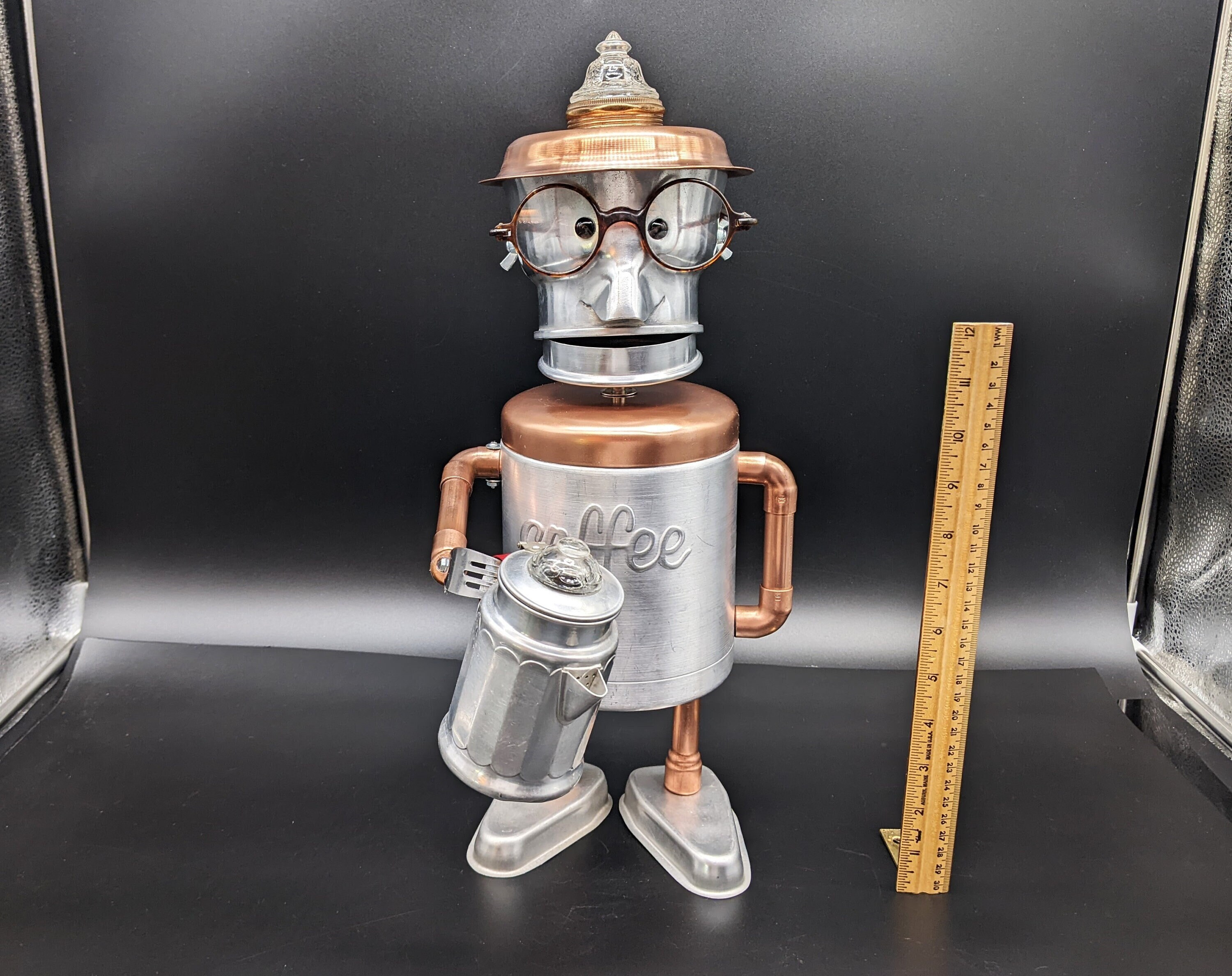 Metal friend with coffee pot - Found object robot art - Assemblage art - Upcycled Recycled Repurposed - Vintage kitchen - Kitchen sculpture