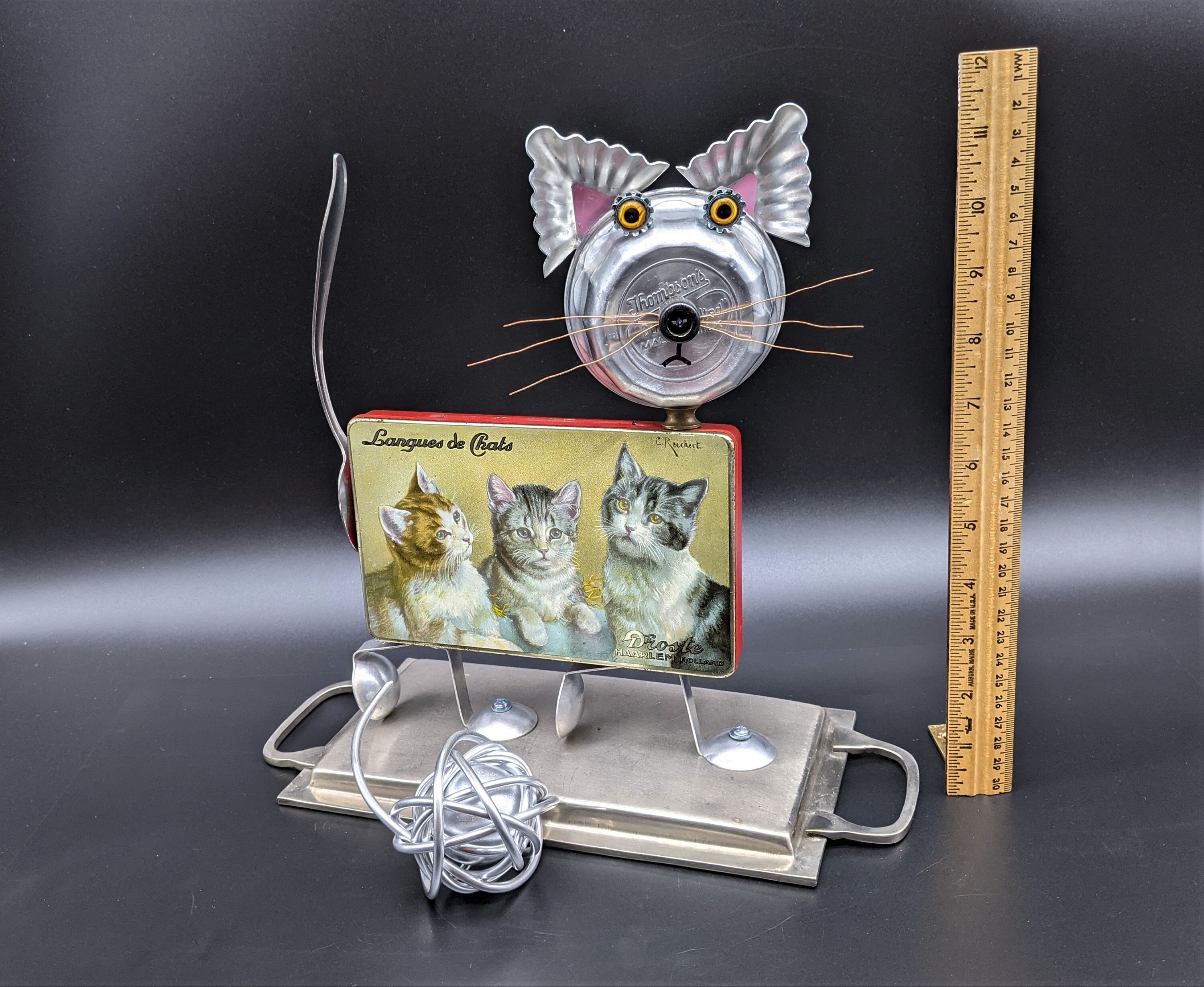 Metal Cat Figurine: Upcycled Robot Assemblage Art