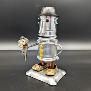 Gentleman with flowers android sculpture - Found object robot art - Assemblage sculpture - Upcycled Recycled handmade